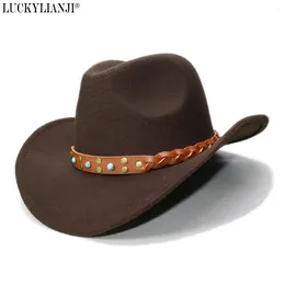 Berets LUCKYLIANJI Kid Child Childre's Wool Felt Western Cowboy Hat Wide Brim Cowgirl Braid Leather Band (One Size:54cm)