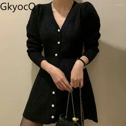 Casual Dresses GkyocQ Korean Chic Fall And Winter Retro Temperament V-neck Pearl Buttons Waist Slim Long-sleeved Knitted Dress Female Outfit