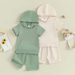Clothing Sets Toddler Boys Girls Summer Clothes For Children Solid Color Pocket Hooded Short Sleeve T-Shirts Elastic Waist Shorts 2Pcs