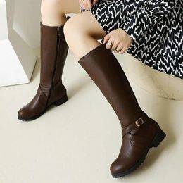 Boots Lady Belt Buckle Knee High Spring Autumn Fashion Zipper Comfortable Low Heel Knight Winter Plush Lining Women Shoes