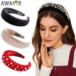 Headbands Velvet Padded Headbands for Women 4cm Wide Solid Rhinestones Thick Hair Hoop Girls Sponge Non-slip Hairbands Hair Accessories Y240417