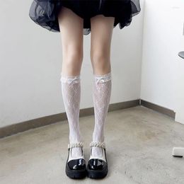 Women Socks Lolita Cute Mesh Bow Lace Stockings JK Uniform Sweetheart Hollow Out Thigh-High Girls Korean Kawaii Knee