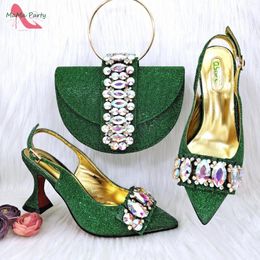 Dress Shoes Fashionable Arrivals Nigerian Design Women And Bag Set In Green Colour Decorate With Rhinestone For Party