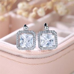 Backs Earrings Luxury Female White Square Zircon Stone Clip Charm Silver Color Wedding Jewelry For Women