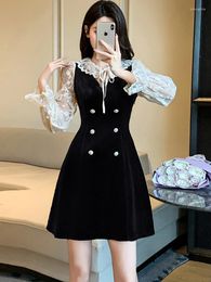 Casual Dresses Black Velvet Patchwork Lace Luxury Short Dress For Women Autumn Winter Korean Elegant Vestidos 2024 Fashion Bodycon Party