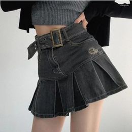 Skirts DEEPTOWN Denim Pleated Mini Skirt Vintage Sexy High Waist A-line Belt Women Embroidery Jean Short Summer Japanese Y2k