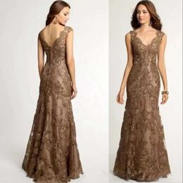 Long The Lace Of Elegant Mother Bride Dresses V-Neck Sleeveless Brown Appliqued Beaded Mermaid Wedding Party Gowns For Women Groom Mom Prom Evening Wear