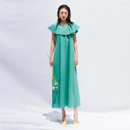 Party Dresses ROSELLA Green O Neck Satin Maxi Dress Haute Coutune Formal Gown Cape Sleeves Ankle Length A Line Ruffles Casual Evening