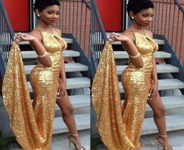 Blingbling Gold Sequin Mermaid Evening Dresses With Halter Side split Floor Length Prom Party Wears Custom MAde5149426