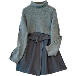 Work Dresses Autumn Winter Elegant Two-piece Set For Women 2024 Loose Sweater Knit Tops And Woollen Large Size Female Grey Suits