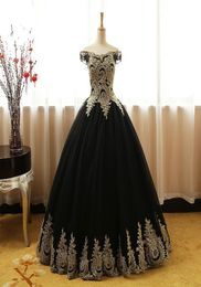 Black And Gold Ball Gown Evening Prom Dresses Off the shoulder Lace With Sleeves Corset Back Long Cheap Formal Red Carpet Celebrit2933213