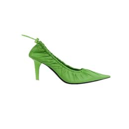 2024 women Ladies Genuine real leather high heels Dress Shoes Pumps Fold Pleated sandals summer Casual pillage toe piont sweet party wedding Green size 34-41