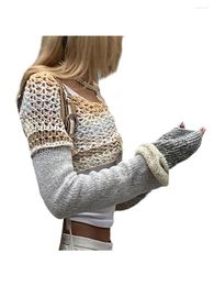 Women's T Shirts Women Y2K Crochet Knit Crop Tops Pullover Sweater Long Sleeve Hollow Out Square Neck Cover Up Top 90S Streetwear