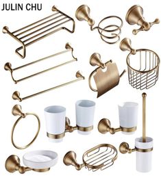 Bronze Bathroom Accessories Hardware Set Antique Hair Dryer Rack Coat Towel Shelf Rail Bar Shower Soap Dish Holder Toilet Brush 224655438