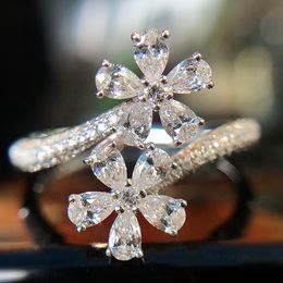 Choucong Brand Wedding Rings Luxury Jewellery Ins Top Sell 925 Sterling Silver Water Drop 5A Cubic Zircon CZ Diamond Gemstones Women Open Adjustable Flower Ring Gift