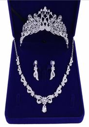 Romantic Beaded Crystal Three Pieces Bridal Jewellery sets Bride Necklace Earring Crown Hair Tiaras Wedding Party Accessories Cheap3489902