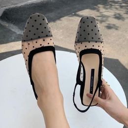 Sandals Black Polka Dot Lace Women Square Toe Mules Slingback Airmesh Gladiator Cover Roman Summer Shoes Woman