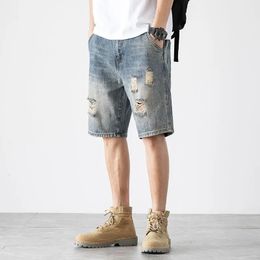 Streetwear Fashion Men Hole Denim Shorts Koreon Vintage Big Size Male Clothing Summer Casual Blue Sport Jorts 40 240417
