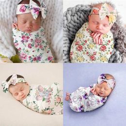 Blankets D7YD 2 Pcs Born Baby Receiving Blanket Headband Set Infant Floral Print Swaddle Wrap Sleeping Bag Hair Band Kits For Infants