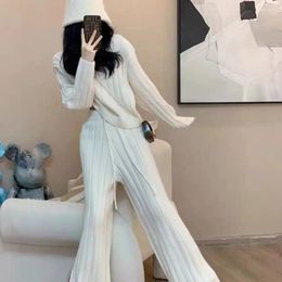 Women's Two Piece Pants 2 Pieces Set Women Solid Tracksuit Round Collar Sweater Pullover Straight Knitted Outwear Suit T746