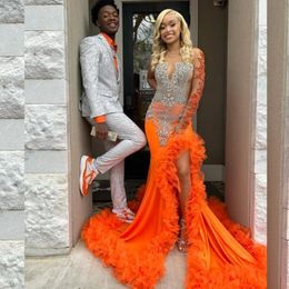 Luxury Orange O Neck Prom Dresses 2024 Black Girls Beaded Crystal Rhinestone Long Prom Gowns Tassel Birthday Party Formal Gown Robe De Bal