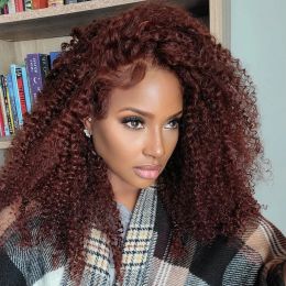 Reddish Brown Glueless 360 Lace Frontal Wig Kinky Curly Ready To Wear Human Hair Wigs Auburn Copper Red Coloured Wig Preplucked Glueless Synthetic Wig