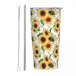 Tumblers Stainless Steel Tumbler Yellow Sunflower Mugs Cup With Straws Plant Driving Cold And Water Bottle Large Thermal Mug