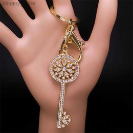 Keychains Lanyards Aesthetic Key Shape Rhinestone Metal Keychain for Women/Men Gold Colour Flower of Life Key Chain Gift Jewellery llavero KXHK1335S01 Y240417