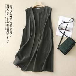 Women's Jackets 2024 Spring/Summer Dark Green Cotton Linen Sleeveless Cardigan Vest Top With Casual Loose Horse Pins Coat