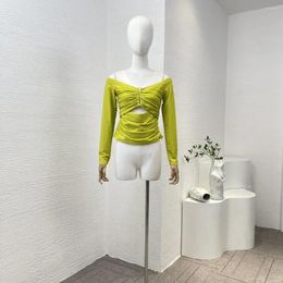 Women's Blouses Yellow Long Sleeve Pullovers Blouse 2024 Cut Out Slash Neck High Quality Folds Women Tops