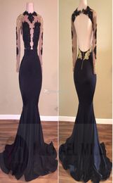 African Black and Gold Mermaid Prom Dresses Long Sleeves Open Back Appliques Beads Sweep Train See Through Burgundy Evening Party 4235491