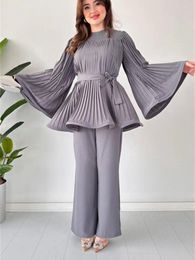 Women's Two Piece Pants Women Loose Pleated Top Suit Lace-up Elegant O-neck Flare Sleeve Big Swing Wide Leg Pant 2 Sets 2024 Outfit