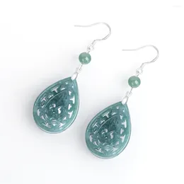 Dangle Earrings 925 Silver Natural Green Jadeite Carved Hollow Flower Drop Earring Certificate Luxury Jade Bridal Party Jewellery