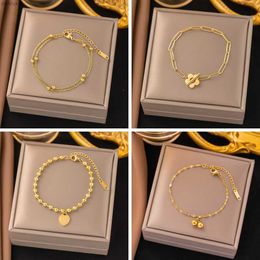 Bangle Stainless Steel Gold Colour Womens Bracelet Flower Heart Charm Hand Chain Fashion Trendy Bangle Jewellery Gifts New WholesaleL240417