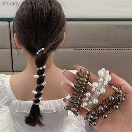 Hair Rubber Bands Fashionable pearl telephone cable headband womens elastic headband spiral coil rubber band ponytail braid hair accessories Y240417