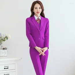 Women's Two Piece Pants Women Blazer Sets Suits Spring Purple Blue Red Uniform Office Ladies 2 Pieces Female Elegant Business Trouser Wear