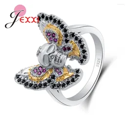 Cluster Rings Classic Fashion Skull With Butterflies Design Micro Paved Sparkling Purple And Black Zircons 25 925 Sterling Silver Anel