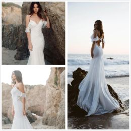 2024 Boho Beach Wedding Dresses Mermaid with Spaghetti Straps Off Shoulder Hollow Back Sweep Train Chiffon Bohemian Wedding Gown