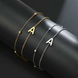 Bangle Cazador Stainless Steel Double Chains Bracelet for Women Initial Letter A-Z Alphabet Jewelry 2023 Bracelet on Hand Birthday GiftL240417