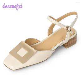 Sandals Women's Genuine Leather Ankle Strap Square Toe Metal Buckle Flats High Quality Soft Comfortable Female Daily Footwear 33