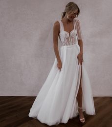 Classy Long Tulle Sweetheart Wedding Dresses With Slit A-Line Ivory Floor Length Beaded Vestido de novia Zipper Back Bridal Gowns for Women