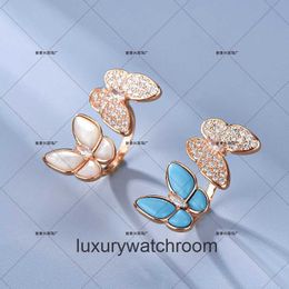 High End designer rings for vancleff Butterfly Ring V Gold Plated 18K Gold Fashion White Fritillaria Ring Opening Double Butterfly Full Diamond Ring Original 1:1 logo