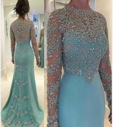 2021 Mint Green New Mother Of The Bride Dresses Silver Lace Appliques Beaded Long Sleeves Illusion Plus Size Party Dress Wedding G7664328