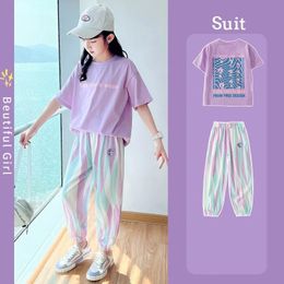 Summer Girls Cotton Lavender tShirt TopsColorful Stripes Pants Set School Kids Tracksuit Child Outfit Jogging Suit 516 Years 240410