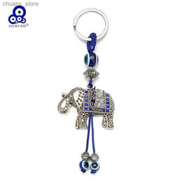 Keychains Lanyards Lucky Eye Alloy Elephant Keychain Blue Turkish Evil Eye Bead Key Chain Women Men Bag Car Keyring llavero porte cl Y240417