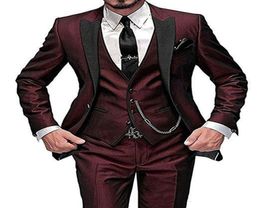 New Fashion Slim Fit Burgundy Groom Suits Excellent Groomsman Men Formal Wedding Suits Prom Party Three Pieces BlazerPantVest5532824