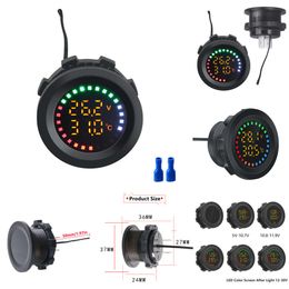 New 12-24V Round Color Screen Temperature Voltmeter Auto Voltage Test Dual Display Digital Measurement for Car Motorcycle RV