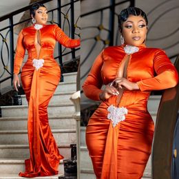 2024 Plus Size Orange Prom Dress for Special Occasions Evening Gowns High Neck Long Sleeves Beaded Lace Birthday Party Dress Second Reception Dresses Gowns AM711