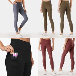 Waist High Yoga Leggings Pants Women's Quick Dry Sports Gym Tights Ladies Pants Exercise Fiess Wear Running Multiple Pockets Lu Athletic Trousers