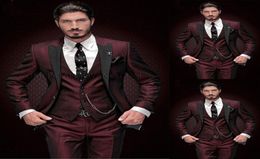 Wine Red Men039s 3 Piece Suit with Black Peak Lapel Slim Fit Tuxedos Groomsman Wedding Tuxedos Formal Prom Suit JacketPantsV5873563